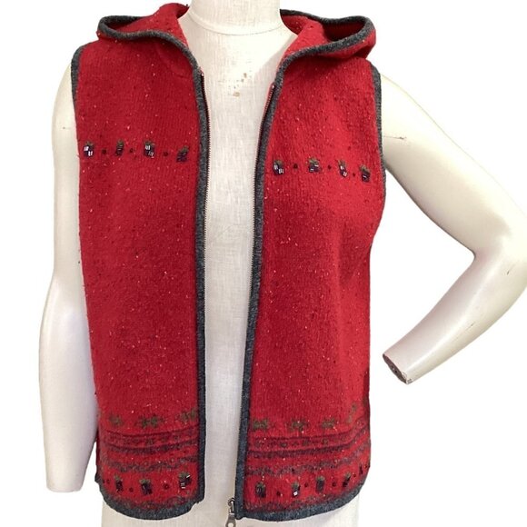 Woolrich Beaded Nordic Hooded Zip Vest Lambswool Blend M Red 33R - Picture 2 of 9